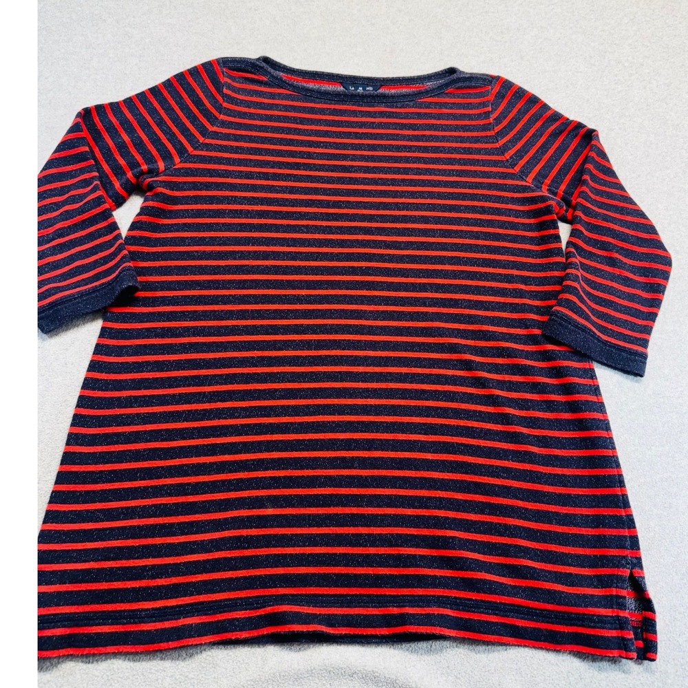 Lands End Womens M Red Navy‎ Stripe Tunic Sweater 3/4 Sleeve Cotton Knit Top